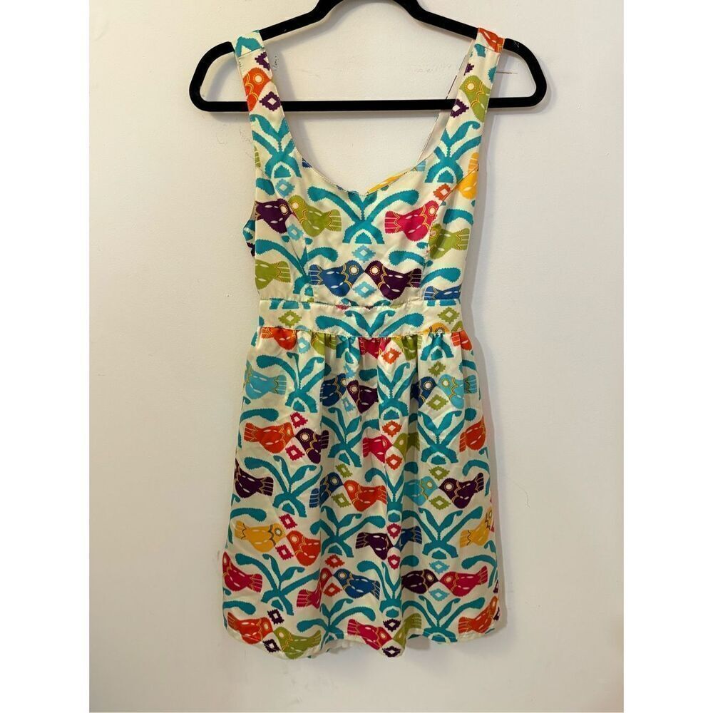 JUDITH MARCH BIRD PRINT DRESS TIE BACK M